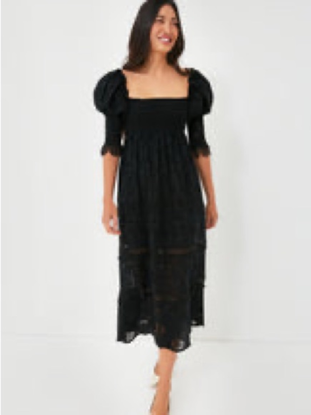 Puff-Sleeve Square-Neck Midi Dress - Black
